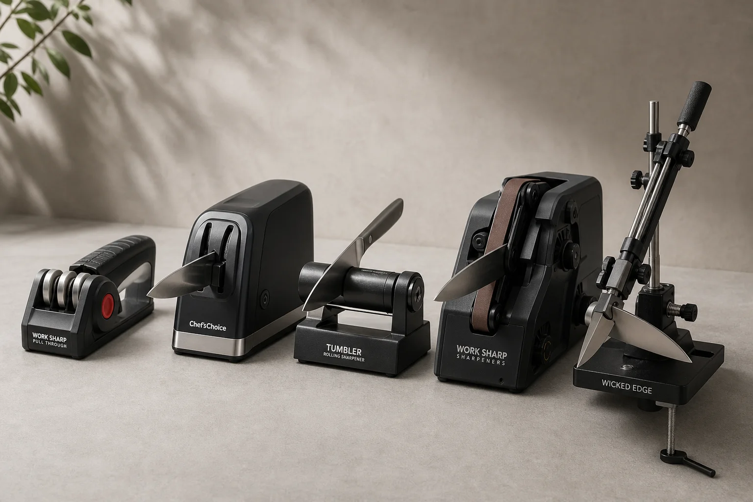 Five different knife sharpeners arranged on concrete surface