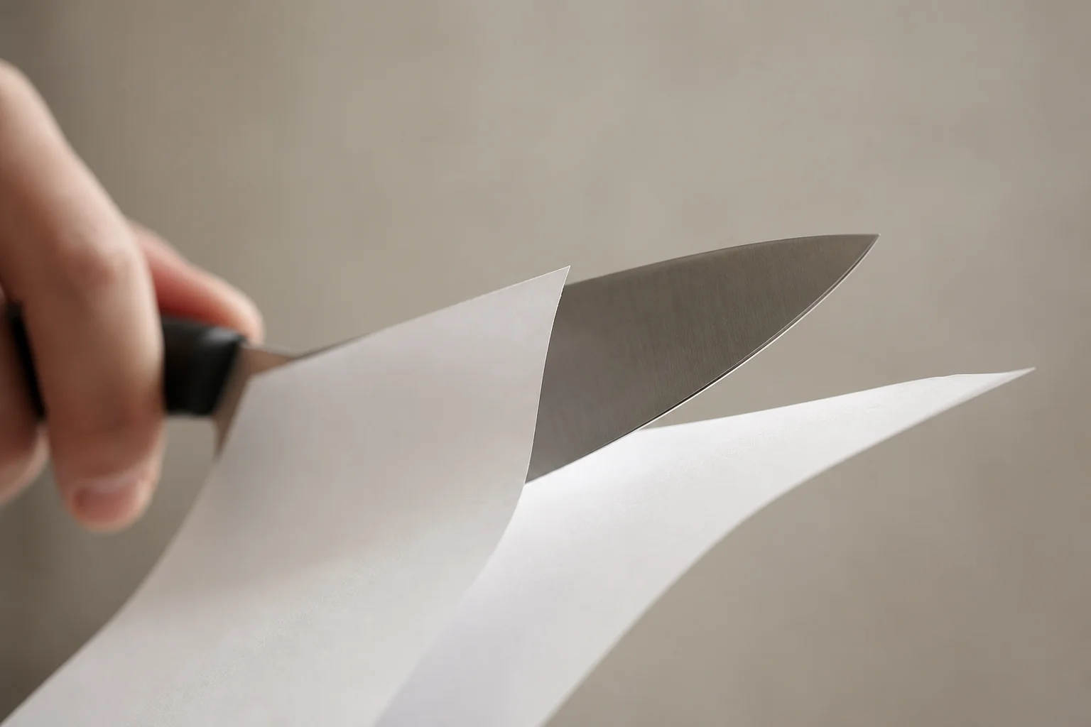 Sharp knife cutting through paper with ease