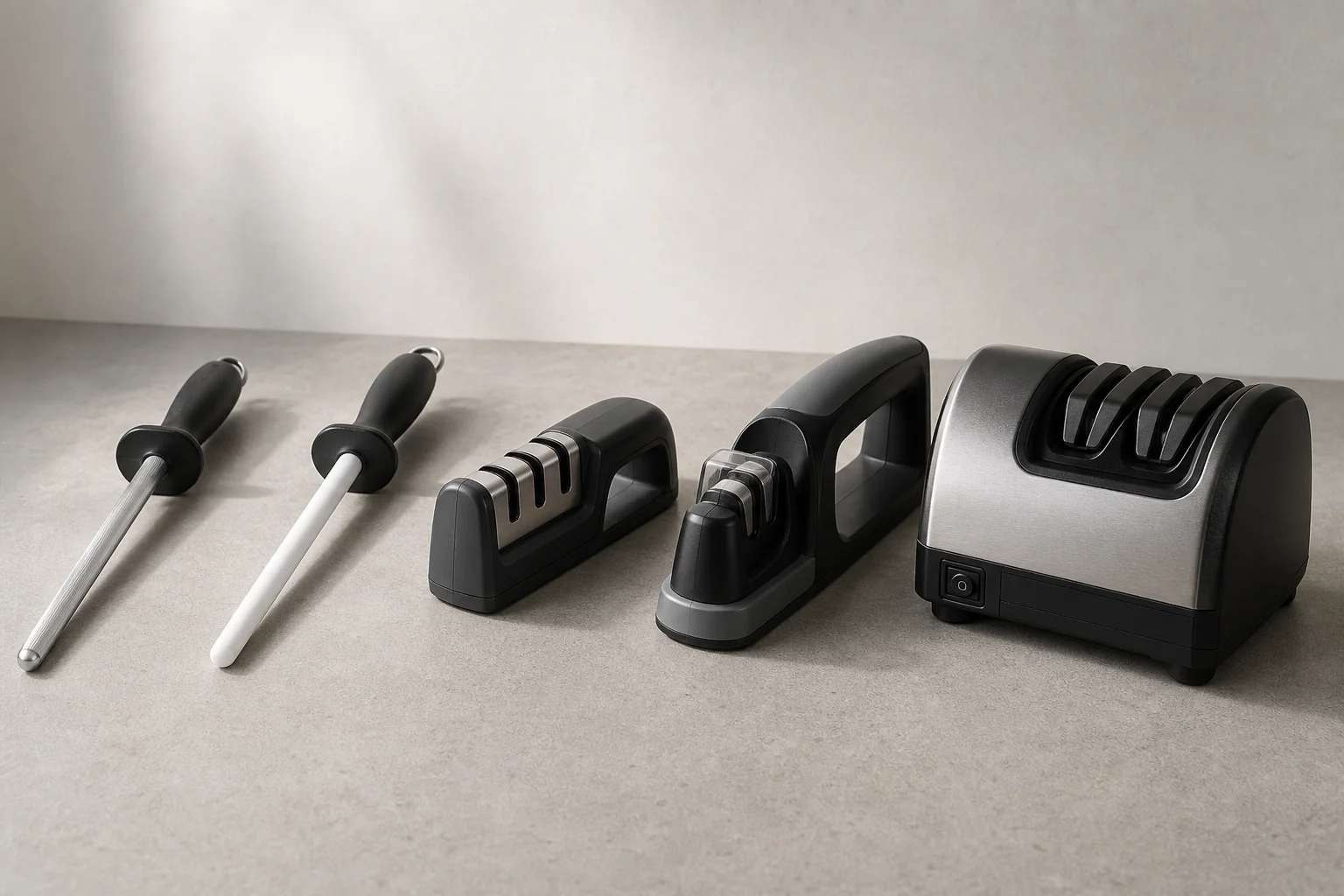 Five knife sharpening tools displayed on concrete surface