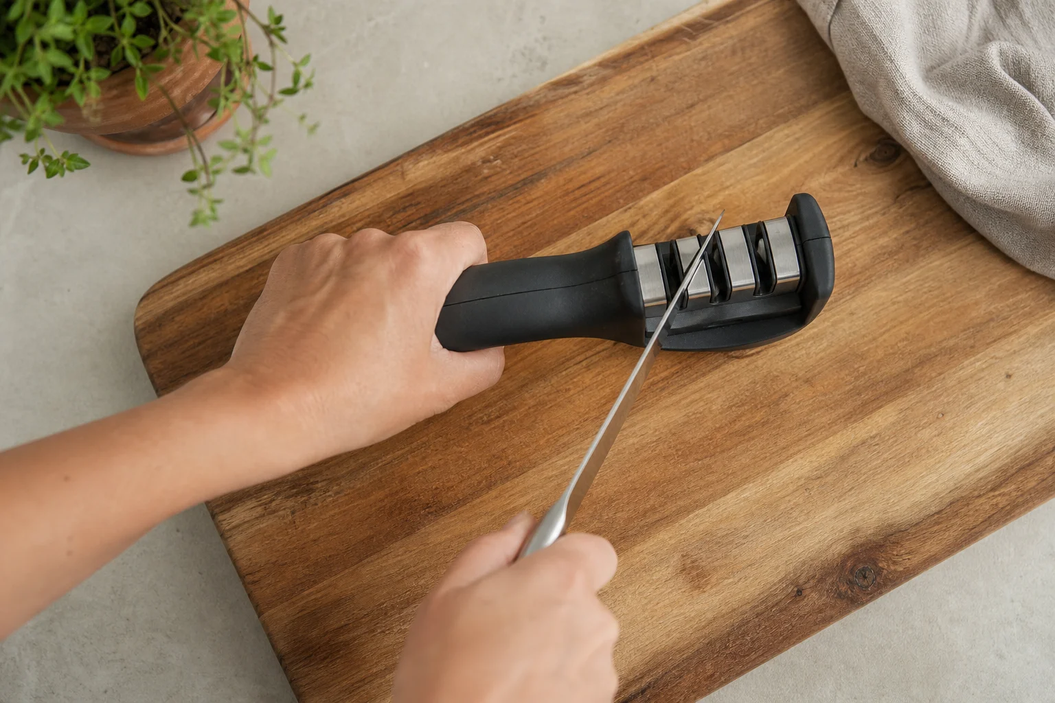 Hands demonstrating knife sharpening technique with a pull-through sharpener
