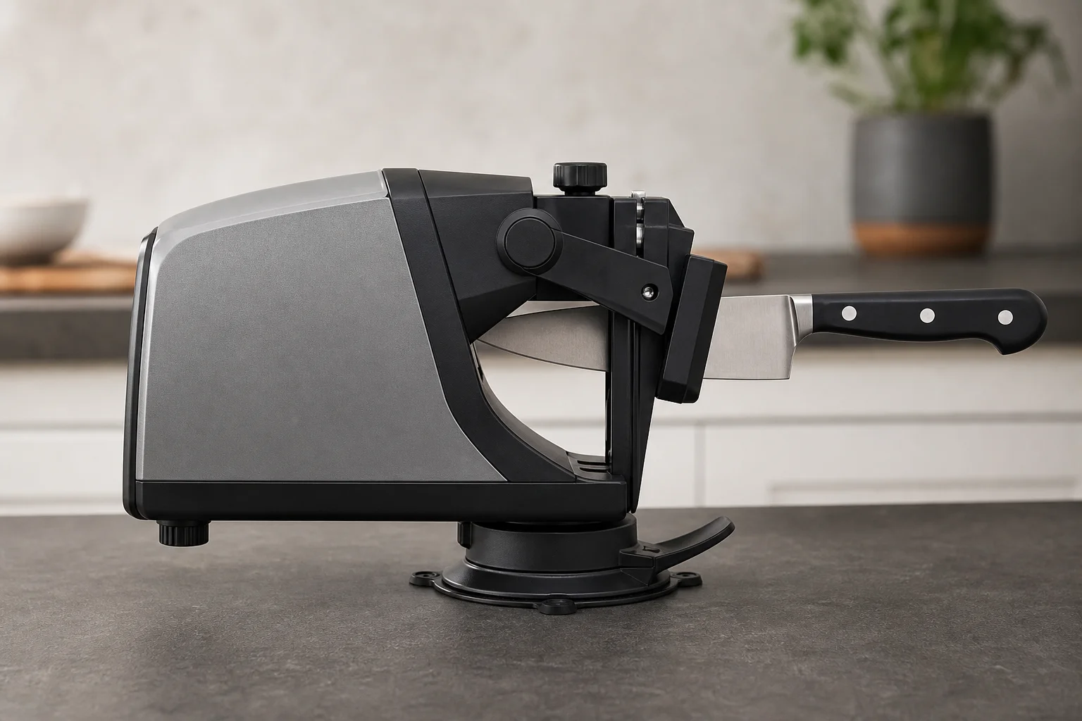 Electric knife sharpener in use on a kitchen counter with suction cups visible