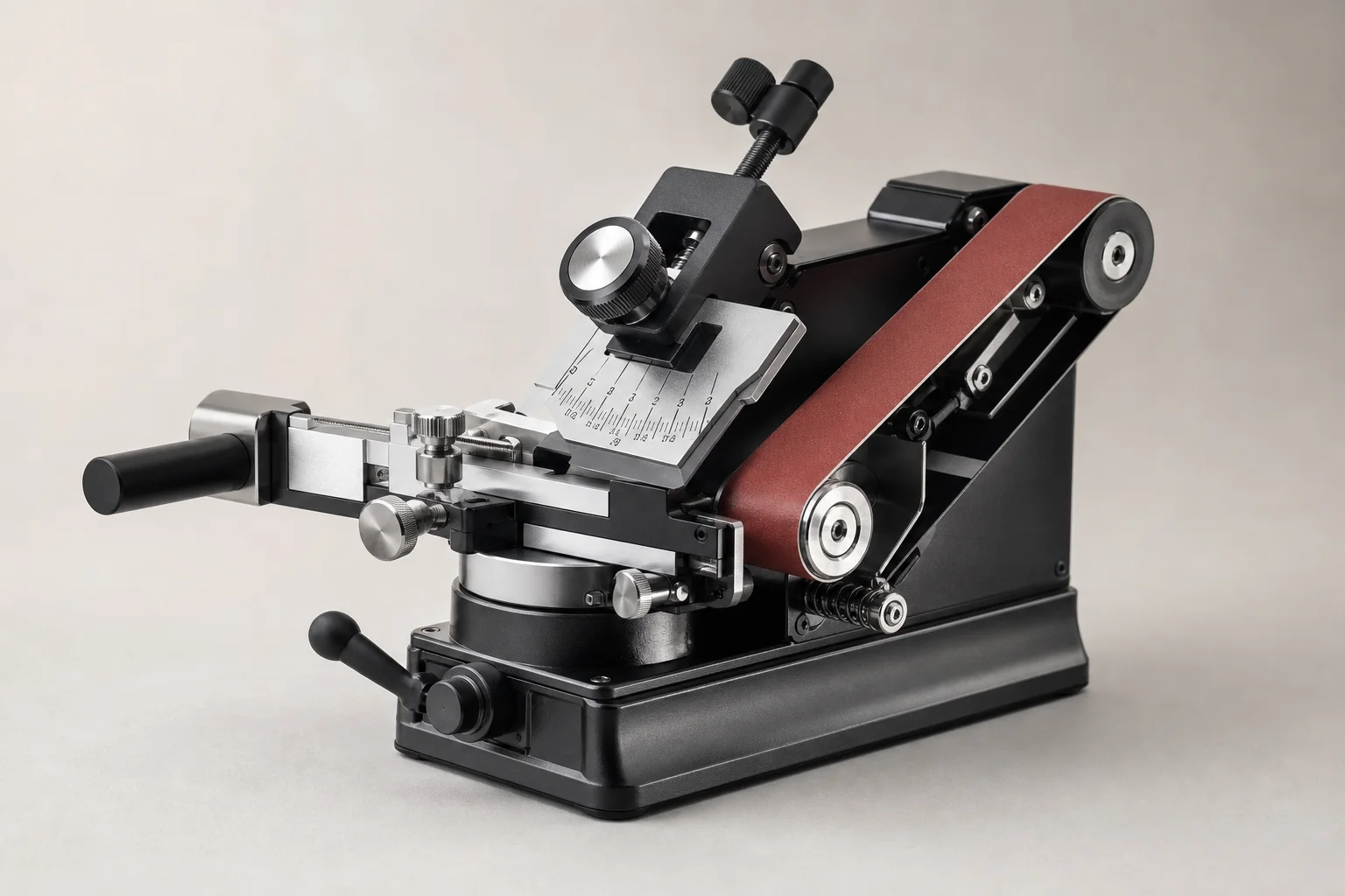 Professional knife sharpener with adjustable angle guides and abrasive belts