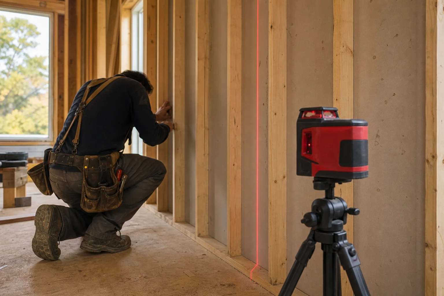 Construction worker using laser level to align wall studs