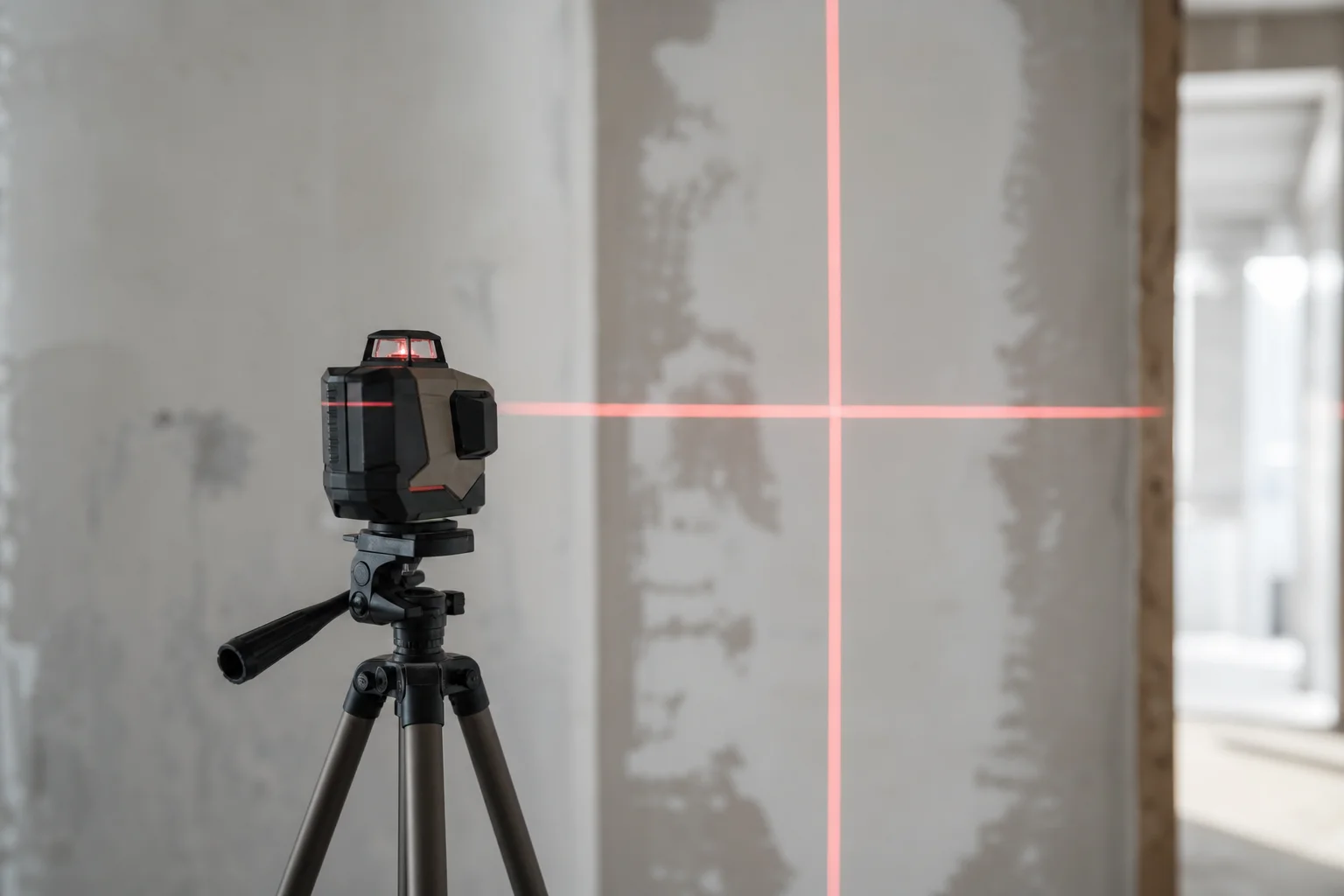Laser level on tripod projecting red crosshair lines on wall