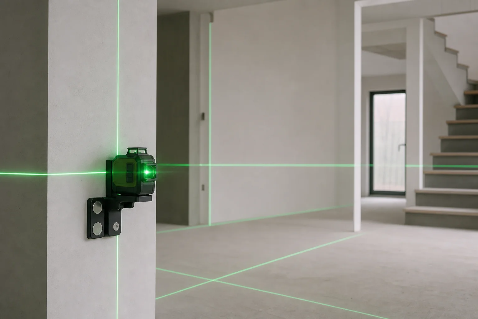 Green laser level projecting 360-degree lines across construction space
