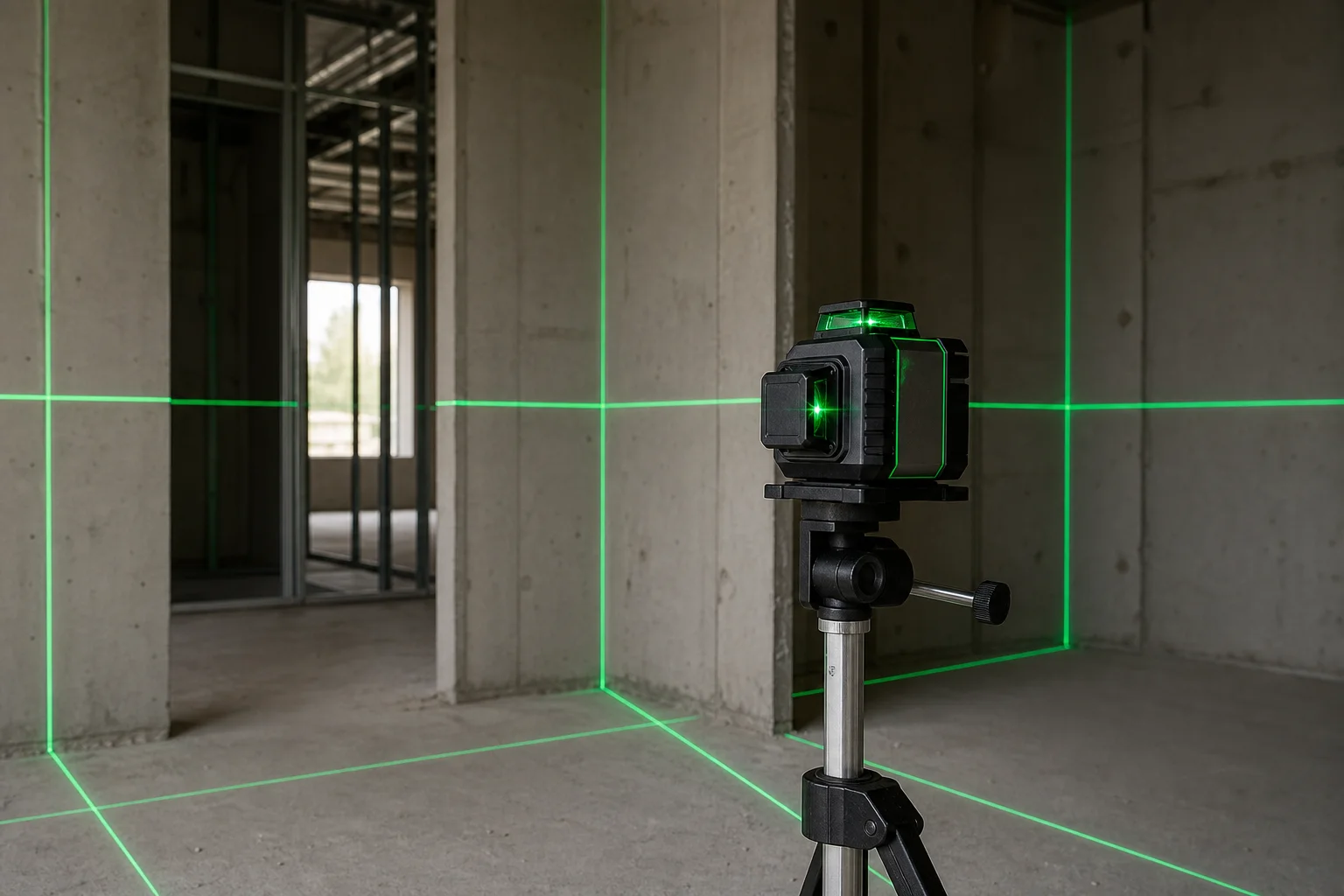 Advanced multi-plane laser level projecting multiple green lines on job site