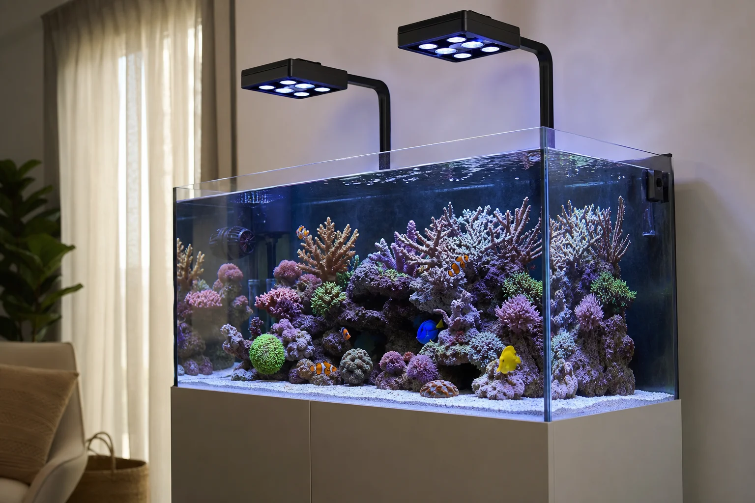 海水缸上方安裝了兩組 LED 燈具，提供均勻的照明覆蓋