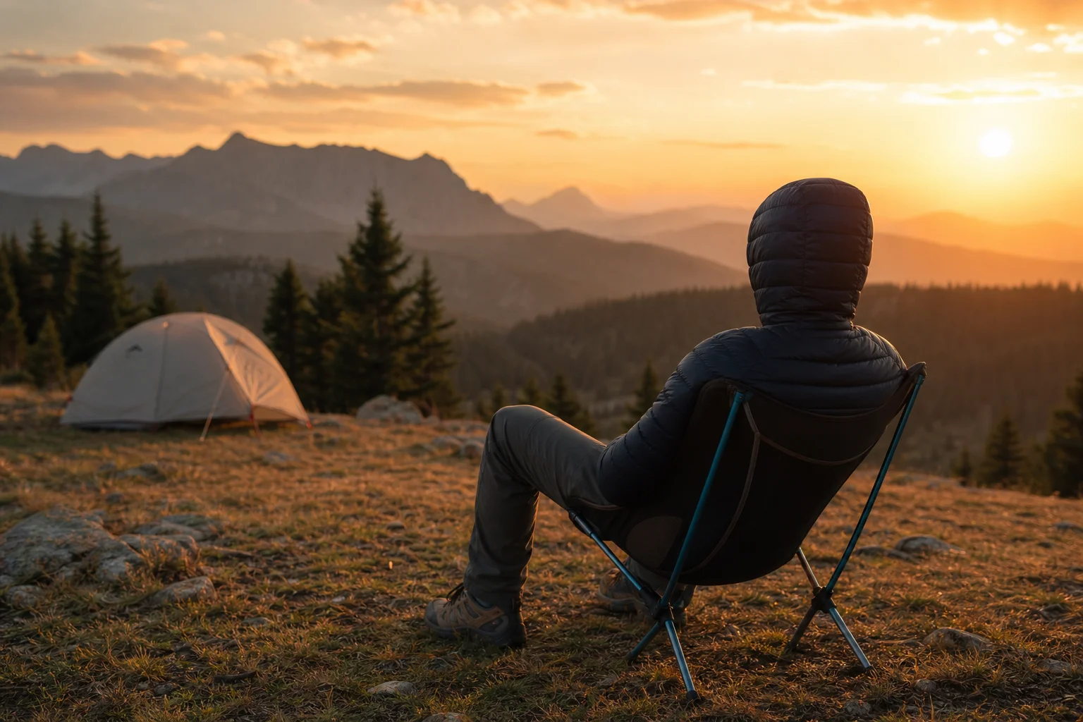 Backpacker sitting in camp chair at mountain campsite at sunset