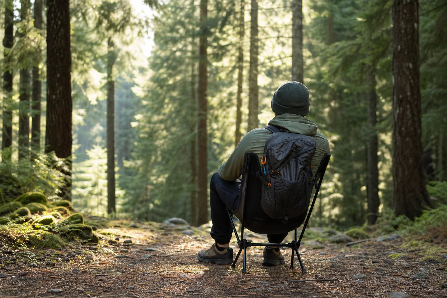 Hiker with backpack sitting in compact camp chair on forest trail
