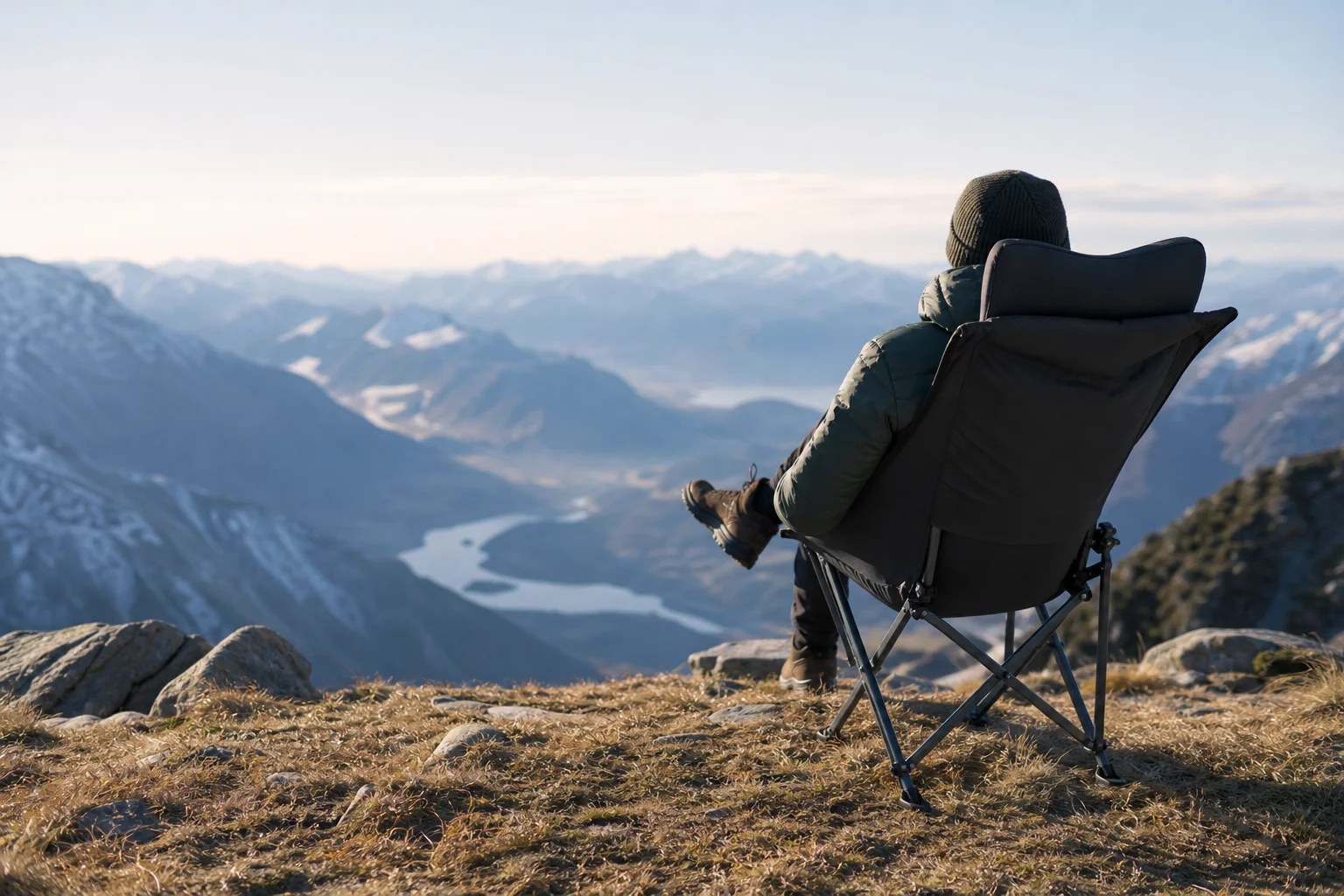 Camper relaxing in tall chair with headrest at scenic overlook