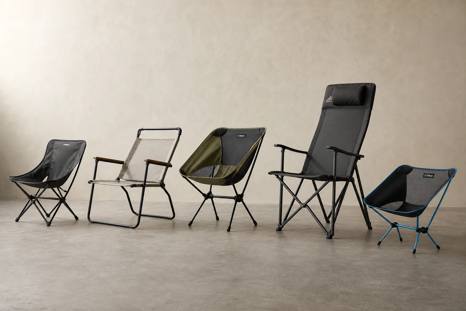 Five lightweight camping chairs arranged on concrete surface showing design variety