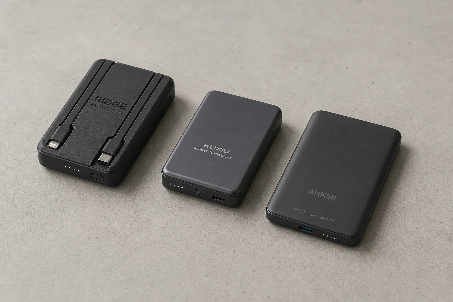 Three MagSafe battery packs arranged on concrete surface