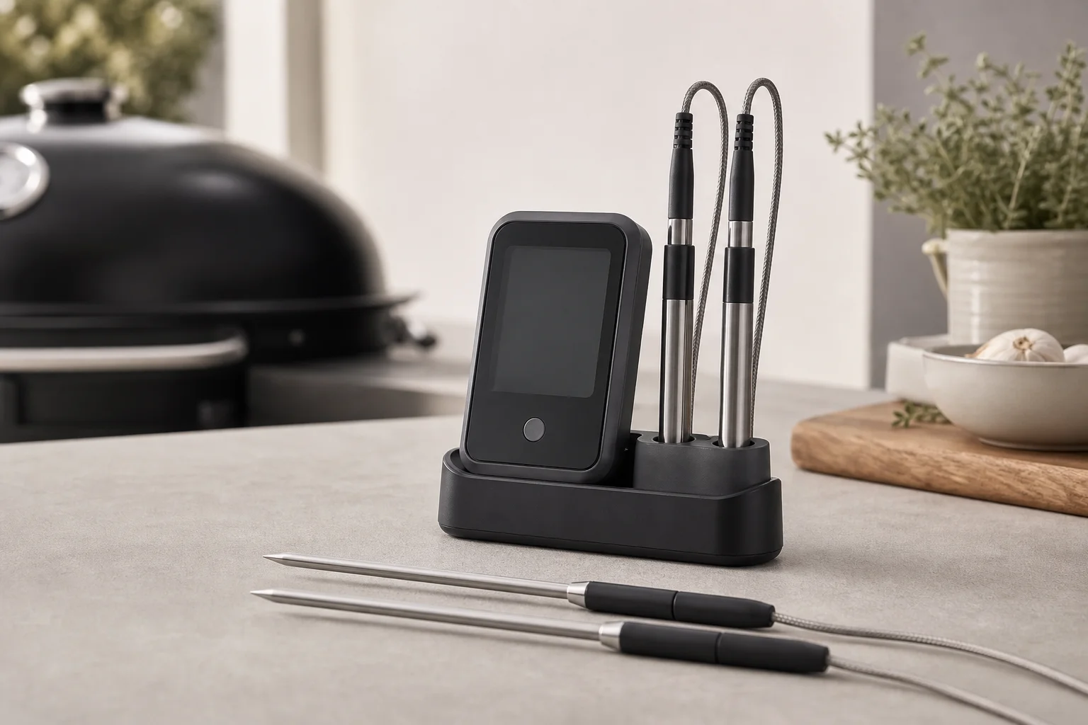 Wireless meat thermometer base unit and probes displayed on a kitchen counter near a grill