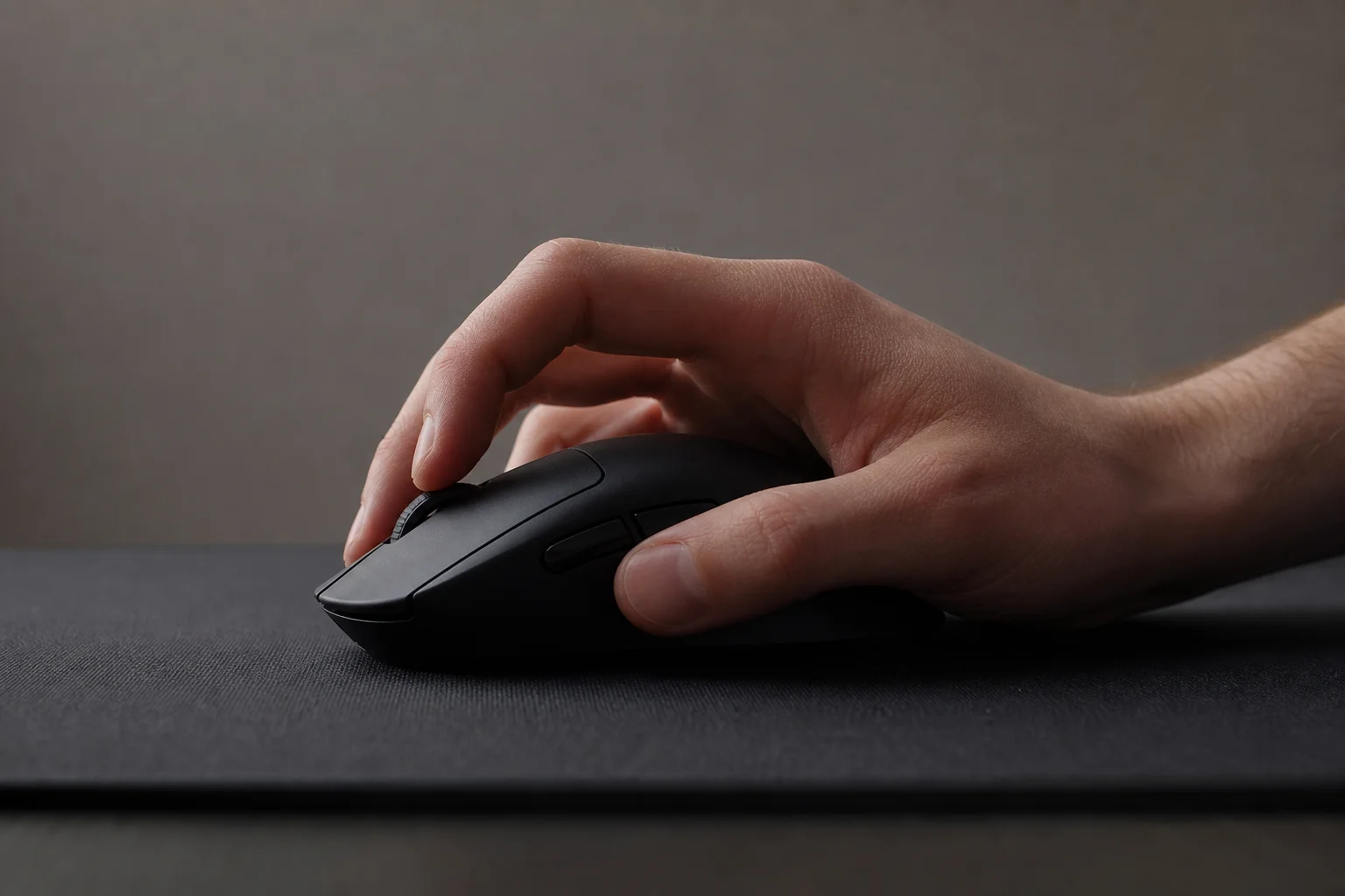 Gaming mouse on desk mat with hand in claw grip position