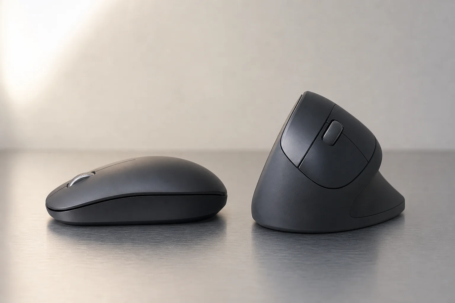 Standard horizontal mouse next to vertical ergonomic mouse for comparison
