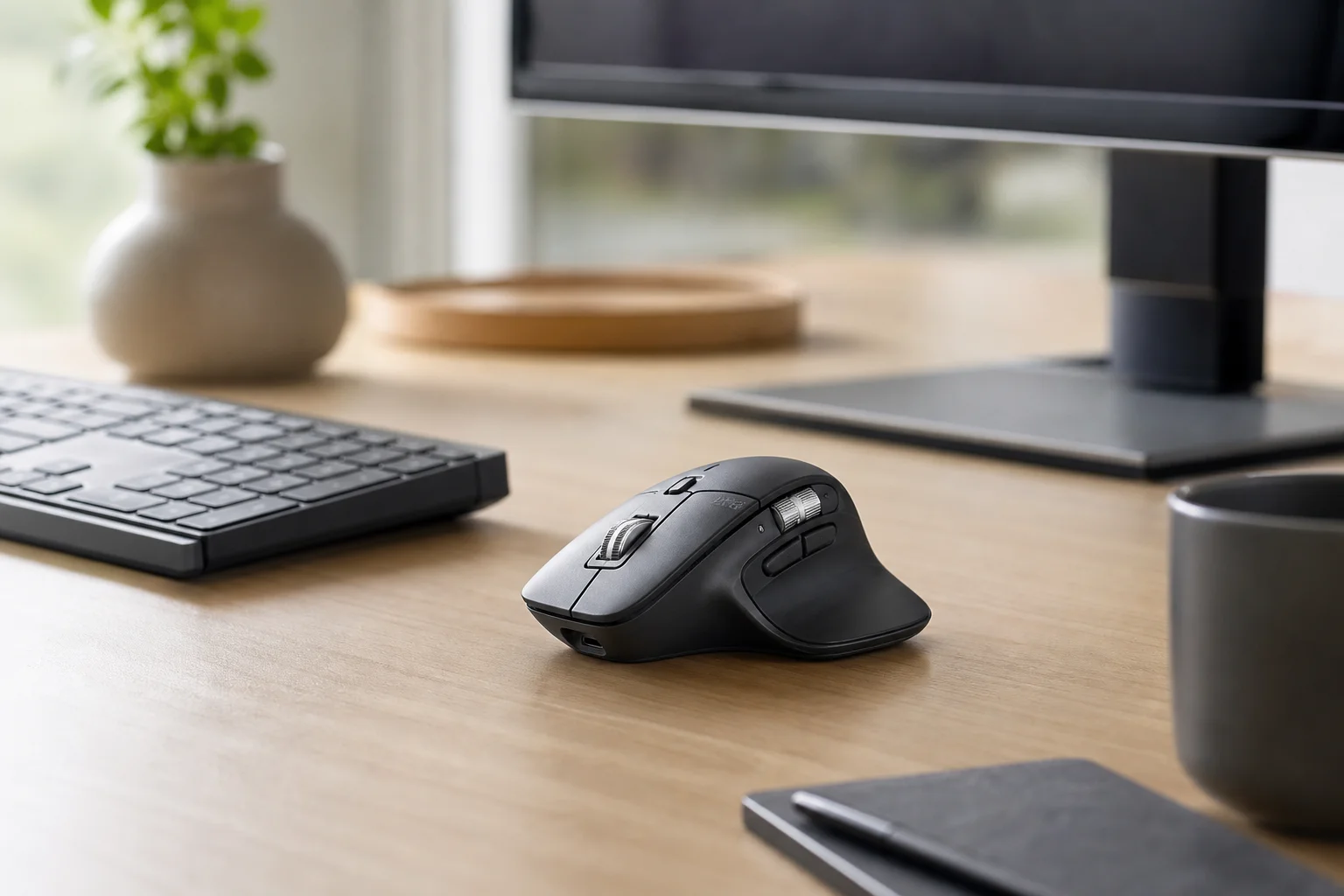 Productivity mouse on workspace with keyboard and monitor in background
