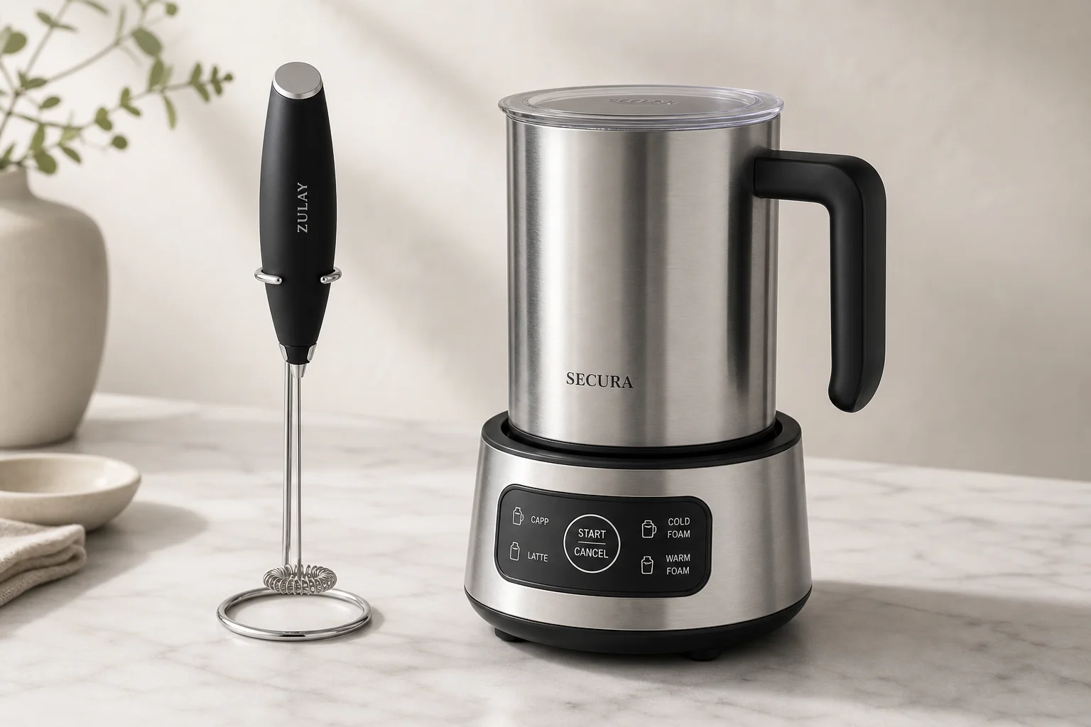 Zulay Kitchen Milk Boss 手持奶泡機與 Breville Milk Cafe 座枱式奶泡機放置於大理石檯面上
