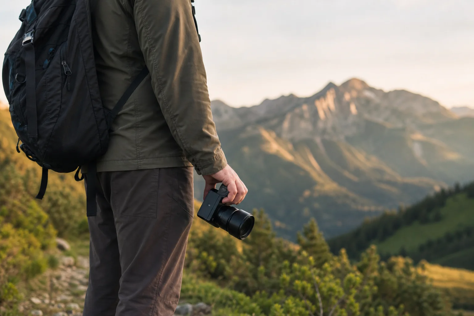 Photographer with lightweight camera on mountain trail with green landscape