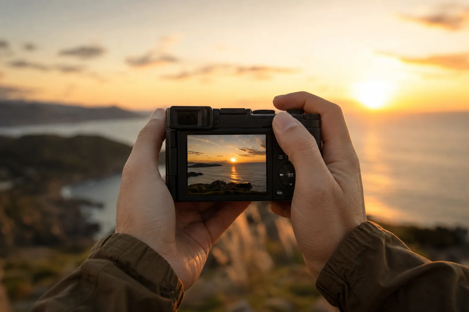 Travel photographer capturing sunset with full-frame mirrorless camera