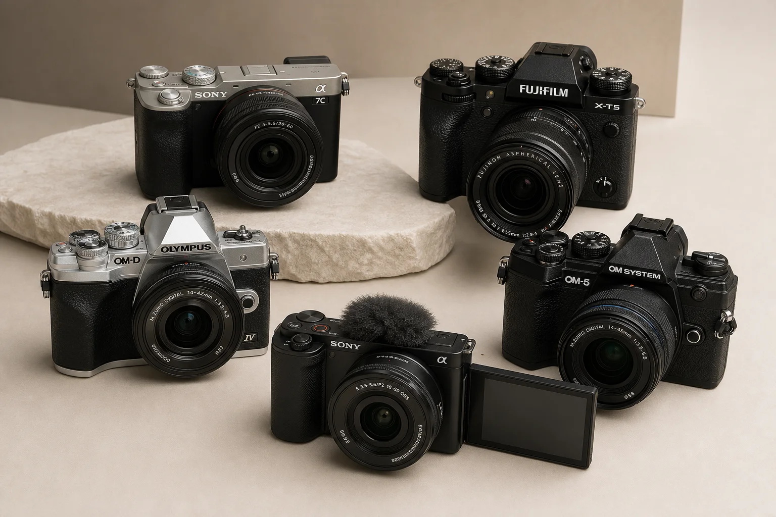 Five mirrorless cameras arranged on neutral backdrop: Sony ZV-E10, Olympus OM-D E-M10 Mark IV, OM System OM-5, Sony Alpha 7C II, and Fujifilm X-T5