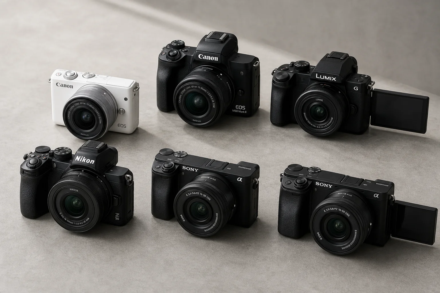 Six mirrorless cameras arranged on concrete surface showing different form factors and designs