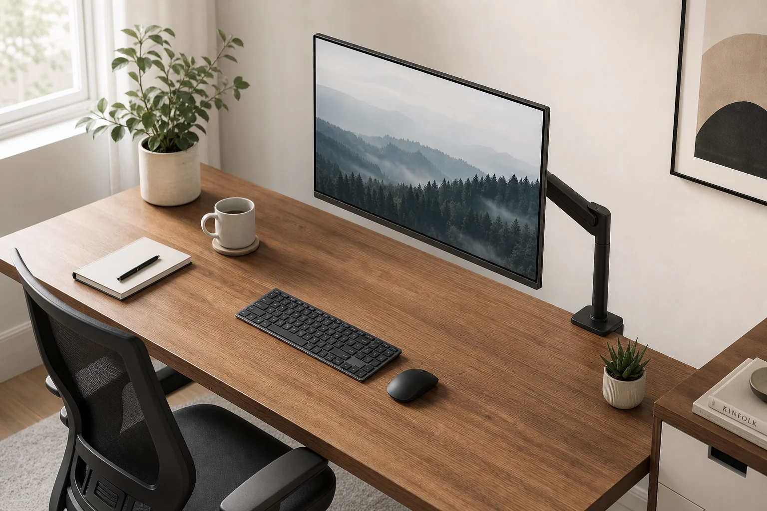 Minimalist home office desk with monitor mounted on arm at eye level