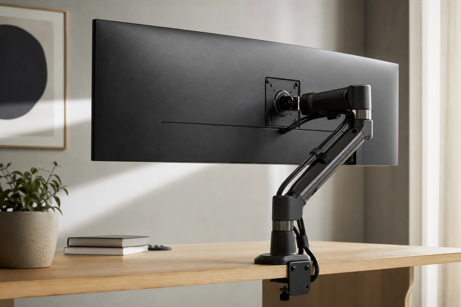Large ultrawide monitor on premium arm showing reinforced construction