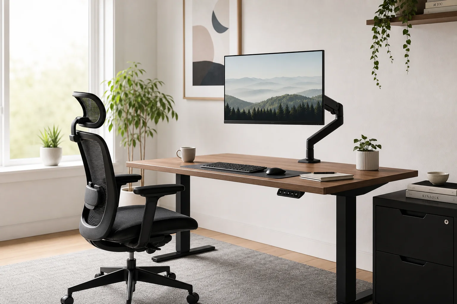Complete home office workspace with monitor at ergonomic height and angle