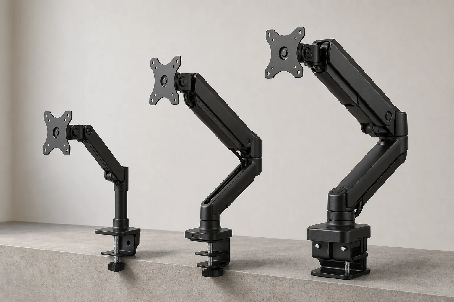 Three monitor arms from budget to premium displayed on concrete surface