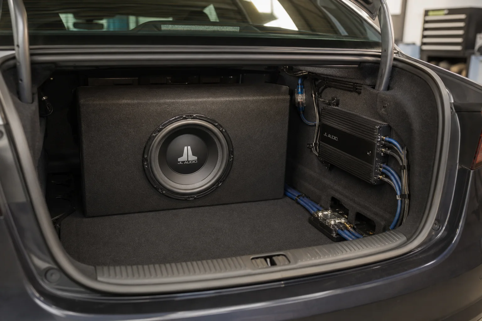 汽車後車廂內的超低音音箱與擴大機安裝配置