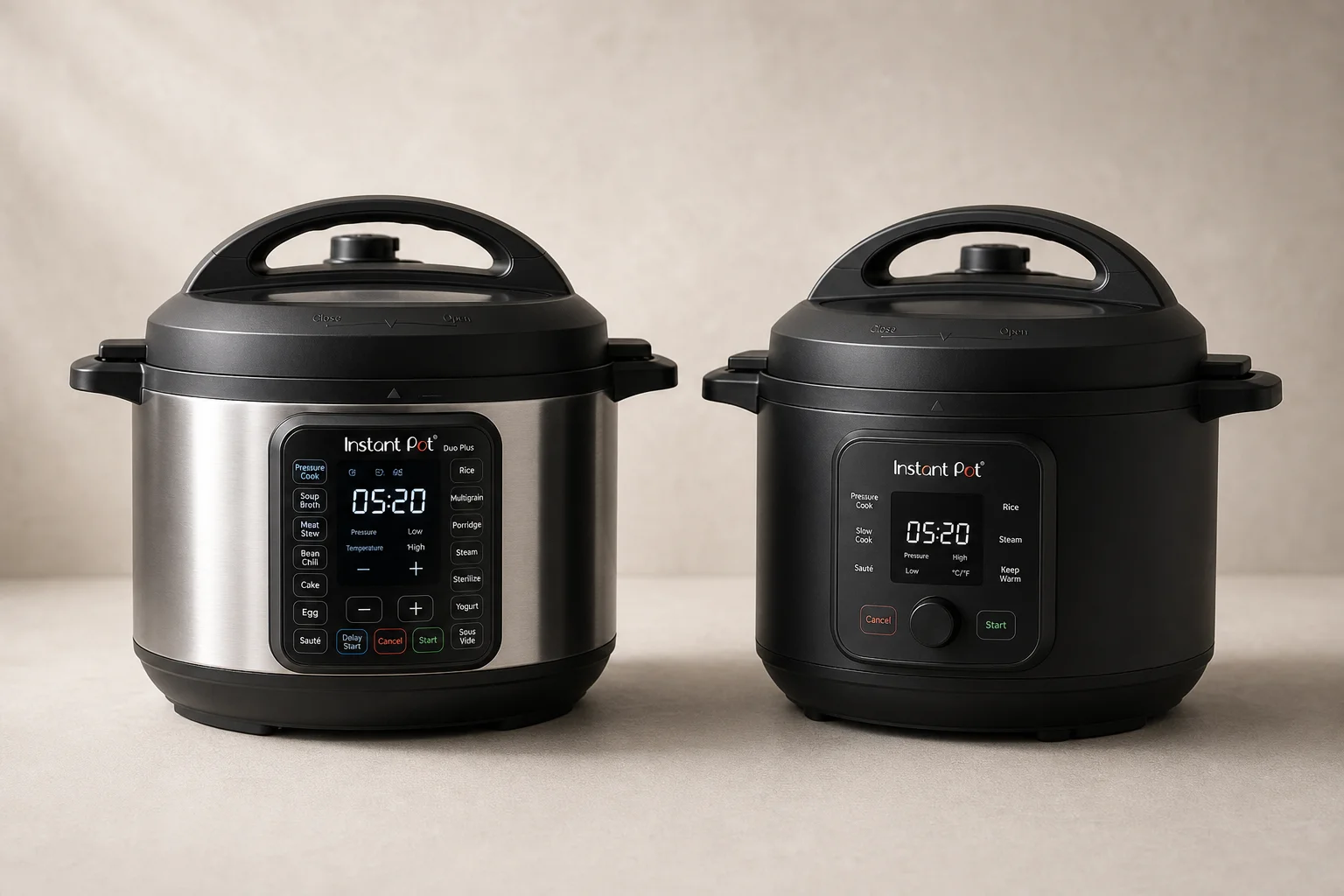 Instant Pot Pro 與 Crock-Pot Express Crock XL 多功能壓力鍋並排展示