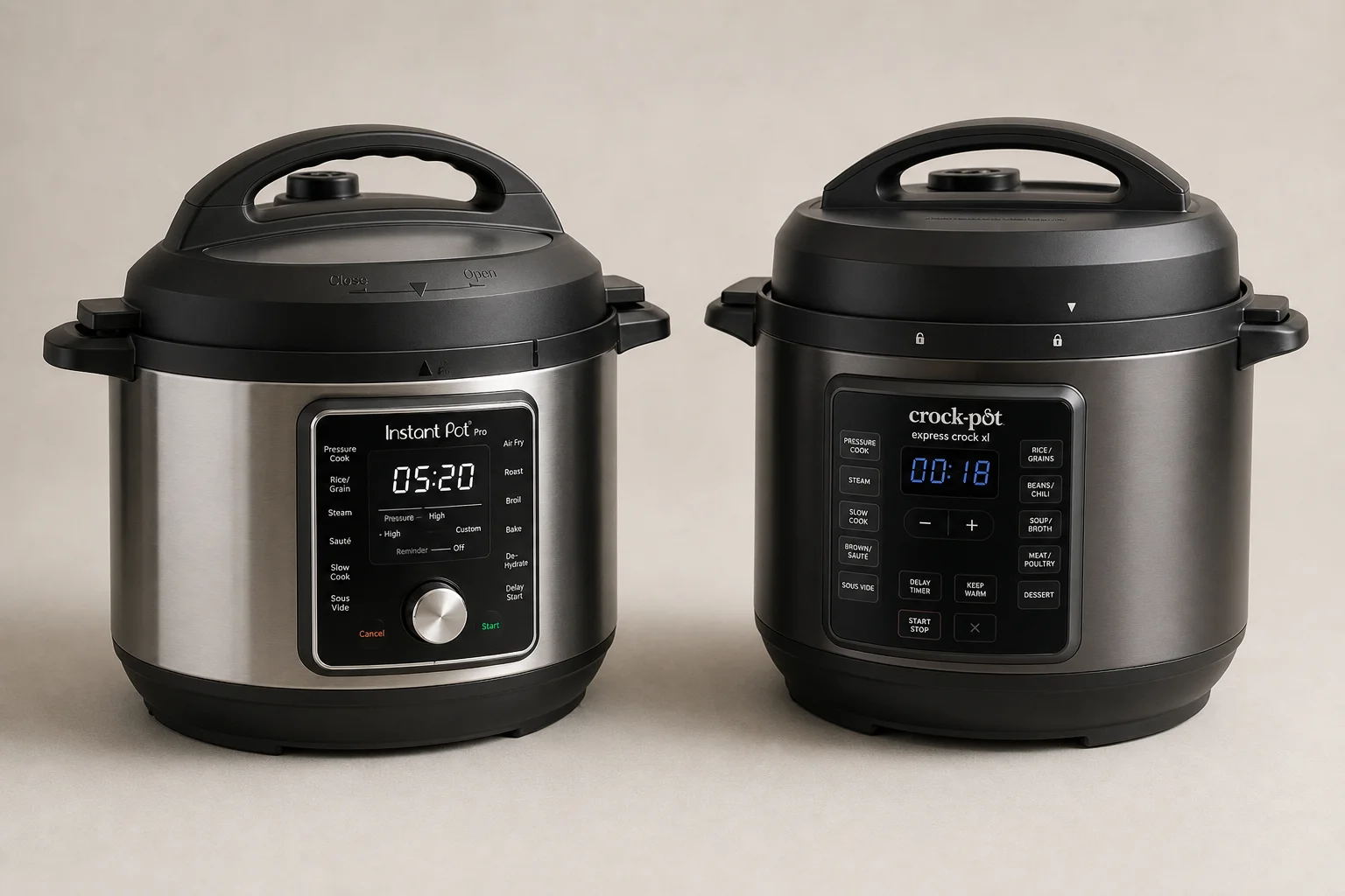 並排擺放的 Instant Pot Pro 8-quart 與 Crock-Pot Express Crock XL 多功能壓力鍋
