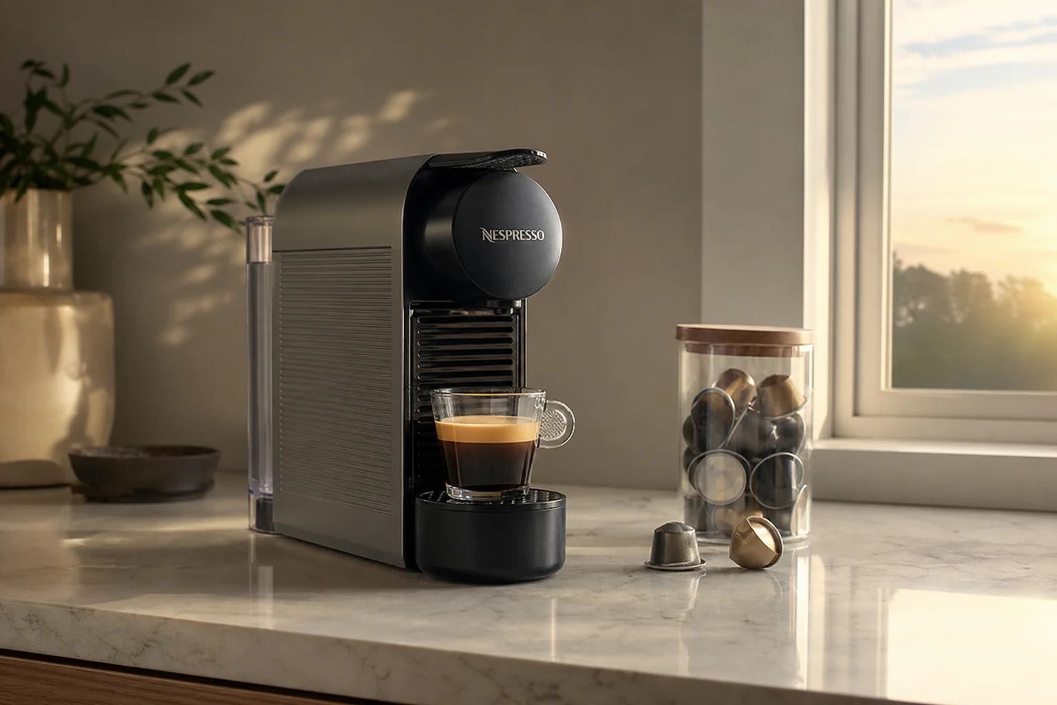 廚房檯面上擺放著 Nespresso 咖啡機與一杯剛沖泡好的咖啡，呈現晨間咖啡時光
