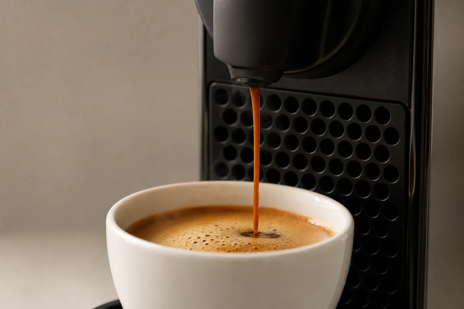 Nespresso 咖啡機將大杯咖啡萃取至白色杯中的特寫鏡頭