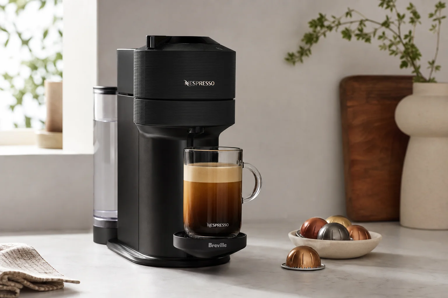 現代化廚房中擺放著 Nespresso Vertuo 咖啡機與一杯剛沖泡好的咖啡