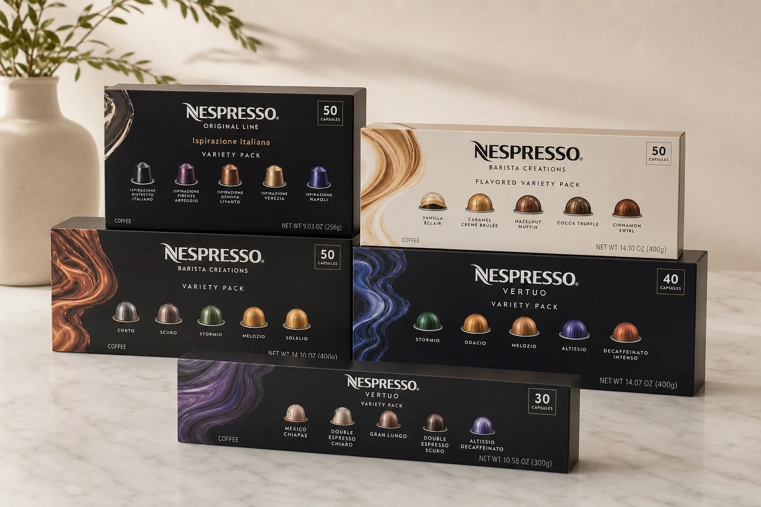 五款 Nespresso 膠囊組合包陳列在大理石桌面上