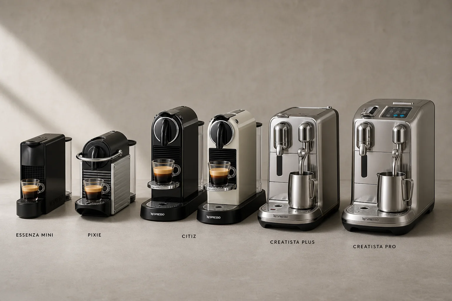Sieben Nespresso-Maschinen, von links nach rechts nach Größe und Preis auf einer Betonoberfläche angeordnet