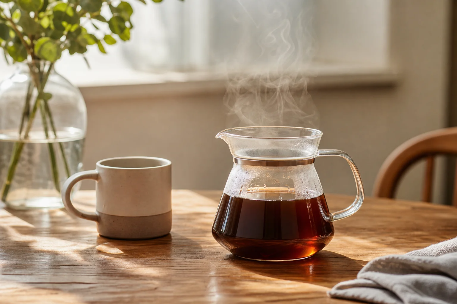 Morning coffee setup with glass carafe and fresh brew on wooden table