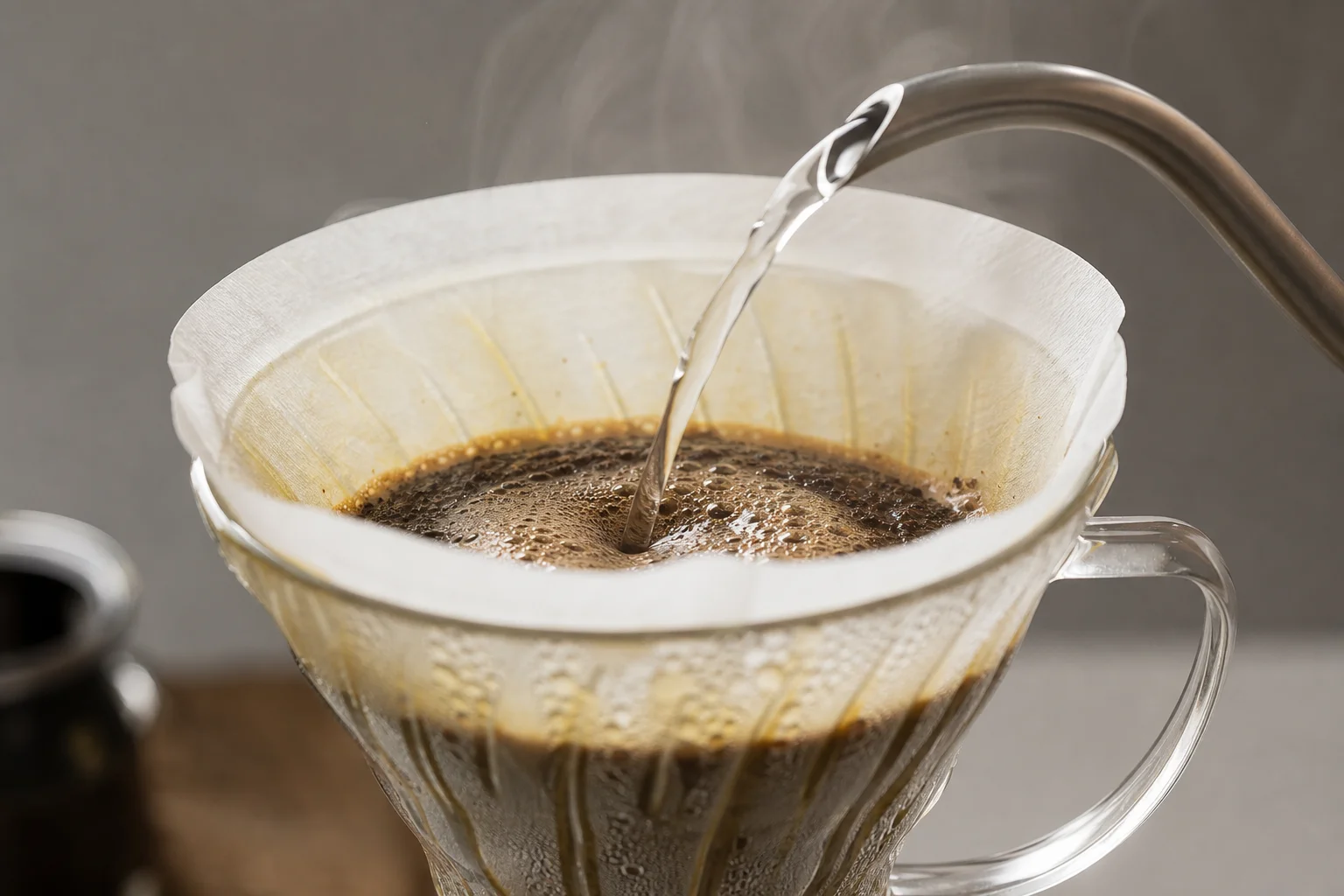 Close-up of paper filter in pour-over coffee maker with water pouring