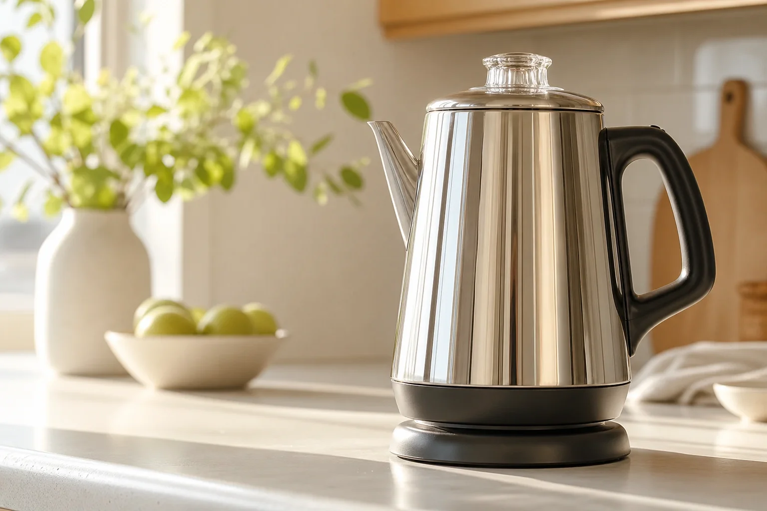 Stainless steel percolator on kitchen counter with morning light