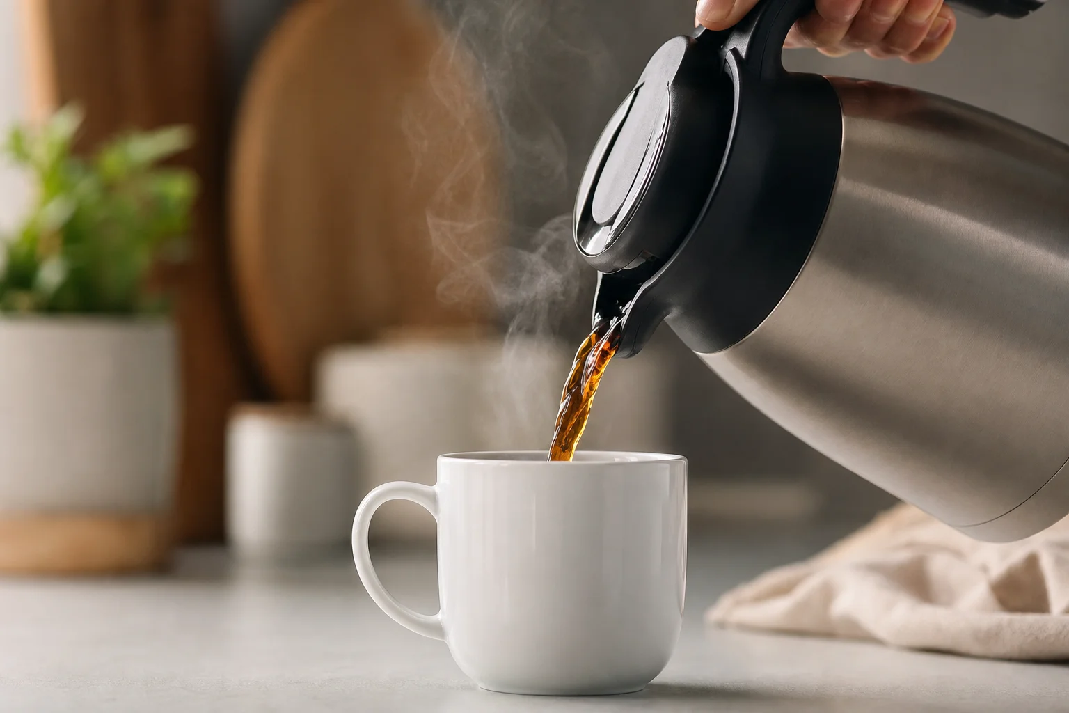 Hand pouring hot coffee from stainless steel carafe into white mug