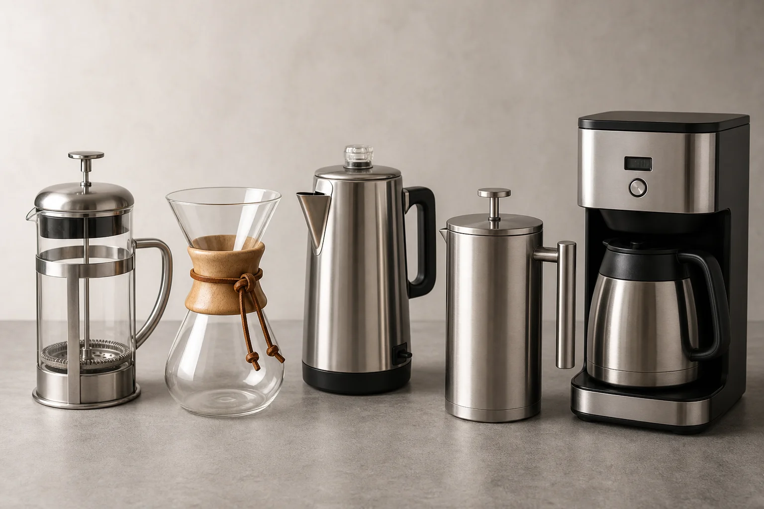 Five non-plastic coffee makers arranged on concrete surface