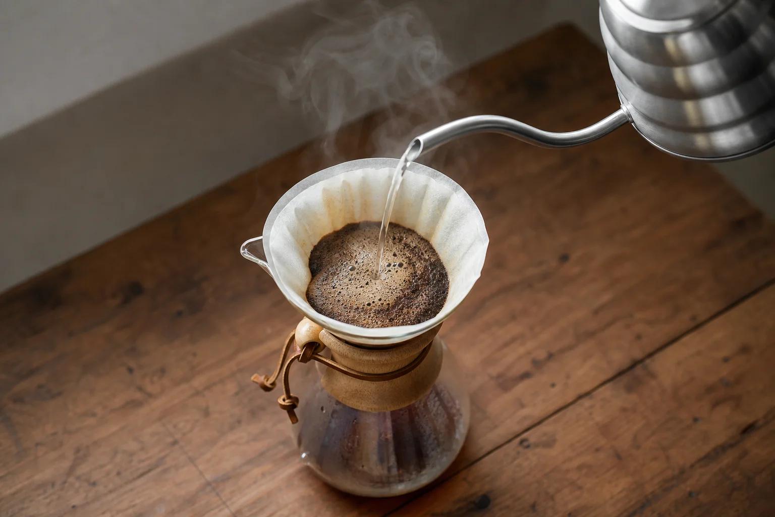 Chemex 手沖壺,熱水正澆注在濾紙內的咖啡粉上