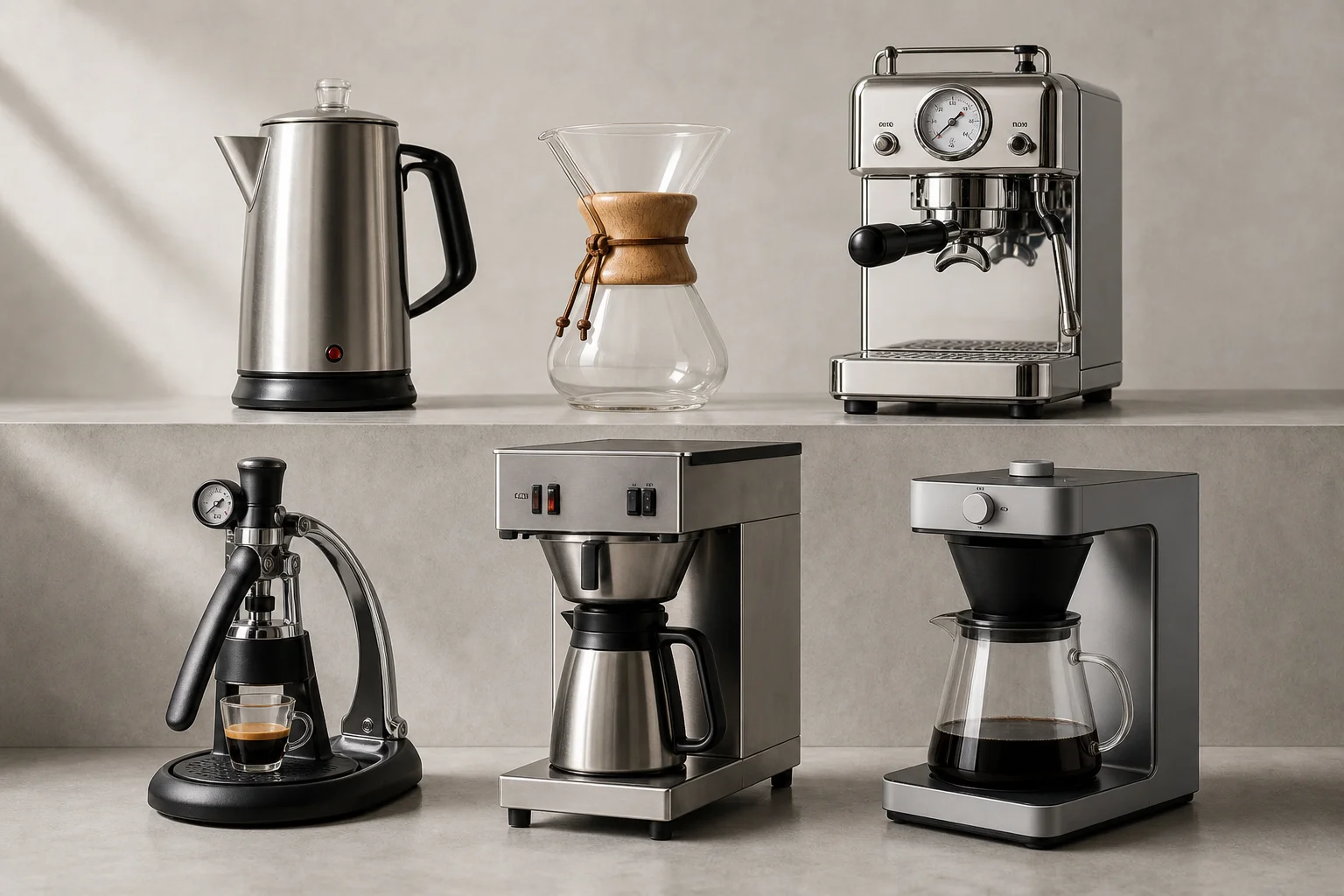六款無毒咖啡機排列在水泥面上：濾壓壺、Chemex、La Pavoni、Flair Pro 3、Bunn VP17 以及 Ratio 8