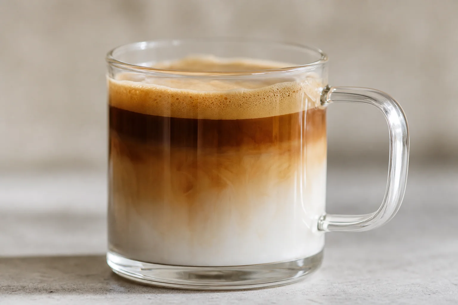Close-up of clear borosilicate glass showing layered coffee and milk
