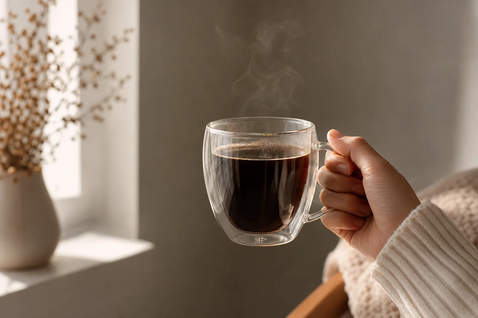 Hand holding a glass mug with steam rising from hot beverage