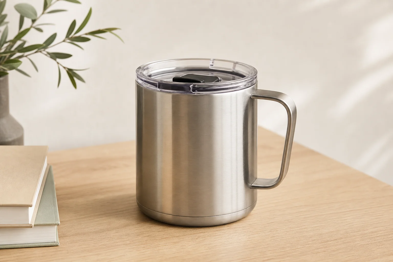 Stainless steel insulated mug with lid on a wooden desk surface