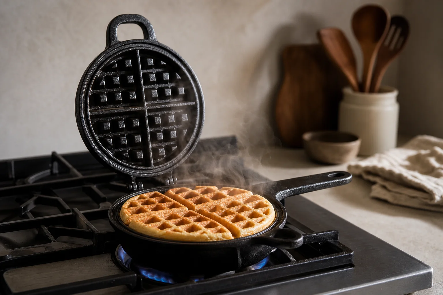 Cast iron waffle maker on stovetop with golden waffles cooking