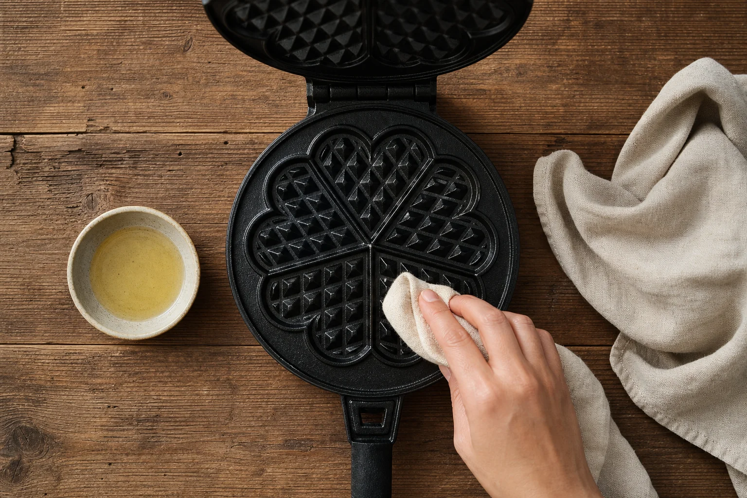 Seasoning cast iron waffle maker with oil and cloth