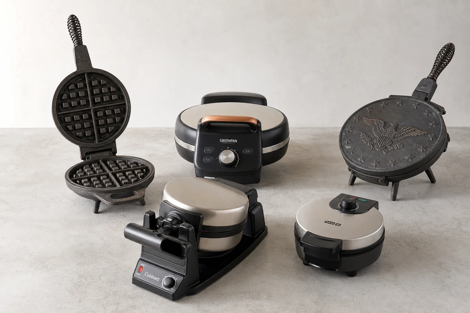 Five non-toxic waffle makers arranged on concrete surface